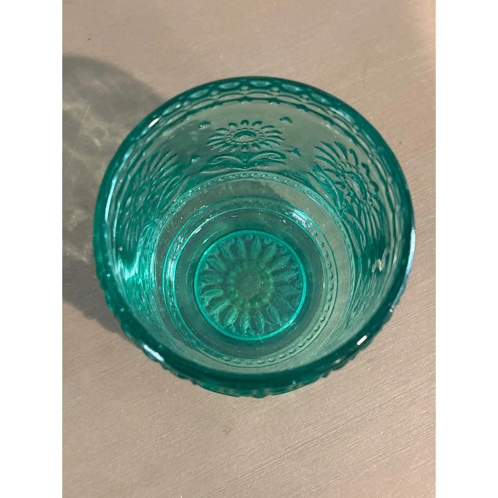 Vintage insp Embossed Floral Tumbler Drinking Glasses green blue floral 12 oz